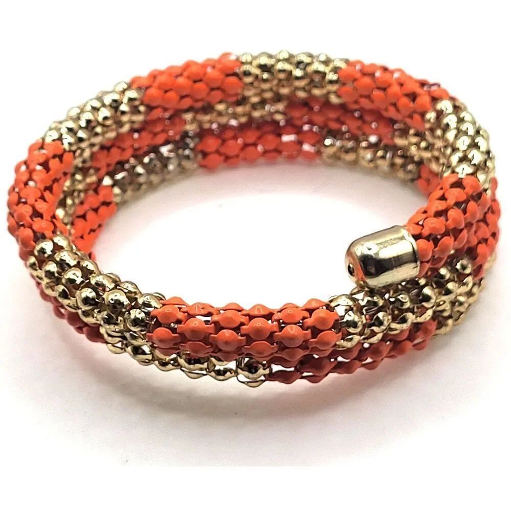 Vintage 70s Orange and Gold-tone Twist Wrap Bangle Bracelet 2.4in dia